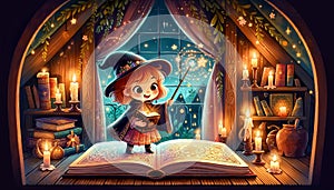 Twilight Incantations: A Young Witch's Enchanted Attic Study - AI Generated Digital Art