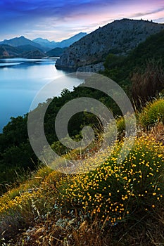 Twilight landscape with lake