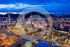 Twilight landscape refinery oil and gas at night aerial view