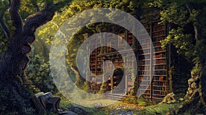 Twilight Library Enclave: An Arcane Trove of Books Amidst Ancient Trees photo