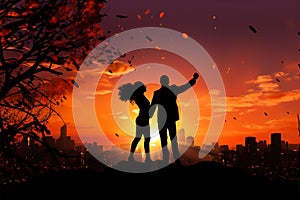 Twilight love story, Couples silhouette painted against the evening sky