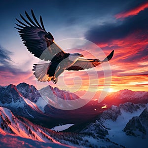 Twilight Majesty: Eagle in Flight Against Sunset Mountains
