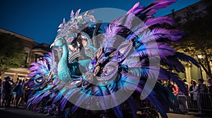 Twilight Majesty: A Vibrant Mardi Gras Float with a Majestic Peacock