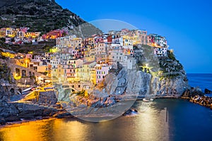 Twilight of Manarola, one of the five villages of the Cinque Terre.