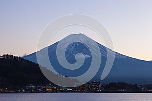 Twilight of Mt fuji and the city around kawaguchi lake, japan