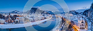 Twilight panorama view of Salzburg in winter, Salzburger Land, Austria