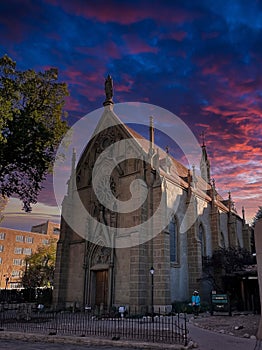 Twilight picture of the Lorreto Chapel in Santa Fe, New Mexico