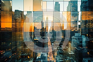 Twilight Reflections: Distorted Urban Cityscape through Glass Window Pane photo