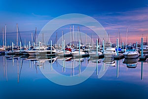 Twilight reflections at a marina in Canton, Baltimore, Maryland.