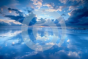 Twilight reflections on serene ocean waves under dramatic sky