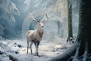 Twilight Reindeer snowy forest. Generate Ai
