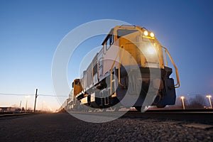 twilight scene of a freight train with illuminated headlamps