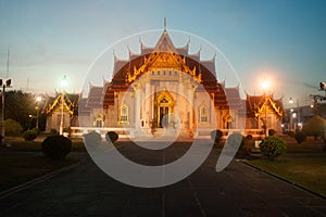 Twilight scene at Wat Benjamabopit Dusitwanaram Monastery. photo