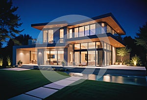 Twilight Serenity: Illuminated Modern Luxury House with Minimalist Design photo