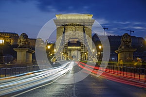 Twilight shot of traffic crossing the Chain Bridge