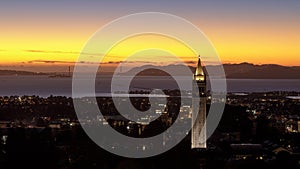 Twilight skies over Sather Tower of UC Berkeley