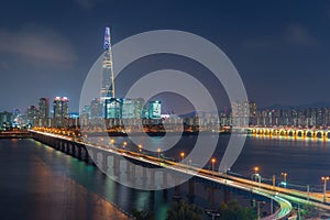 Twilight sunset at Han river with city in Seoul ,South Korea