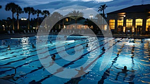 Twilight swim in a serene pool with underwater lights
