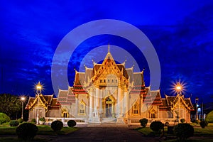Twilight Time with Granite Benchamabophit Temple Landscape in Bangkok Thailand