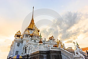 Twilight view of Buddhist Temple Wat Trimitr Vityaram Voravihahn of the Golden Buddha in chinatown or yaowarat area in Bangkok