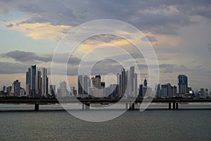 A twilight view of Cinta Costera and modern Panama City skyline, Panama photo