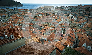 Twilight view of Dubrovnik\'s Old Town. Red roofs in the old quarter.