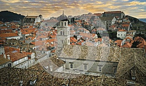 Twilight view of Dubrovnik\'s Old Town. Red roofs in the old quarter.
