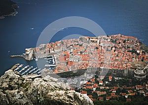 Twilight view of Dubrovnik\'s Old Town. Red roofs in the old quarter.