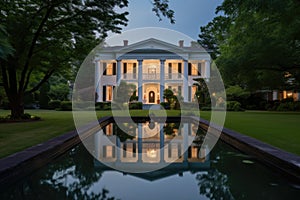 twilight view of a greek revival home with a reflective pond