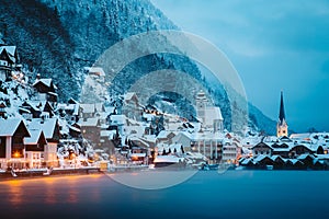 Twilight view of Hallstatt in winter, Salzkammergut, Austria