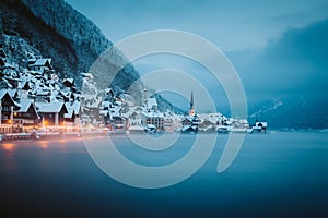 Twilight view of Hallstatt in winter, Salzkammergut, Austria