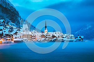 Twilight view of Hallstatt in winter, Salzkammergut, Austria