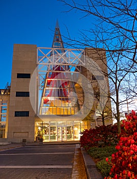 Twilight view of the John G Diefenbaker Building in Ottawa, Ontario, Canada