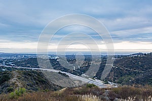 Twilight view of Los Angeles downtown skyline from Getty View Park