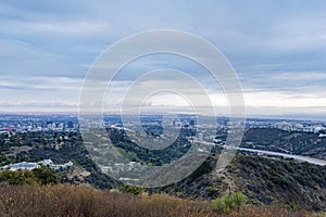 Twilight view of Los Angeles downtown skyline from Getty View Park