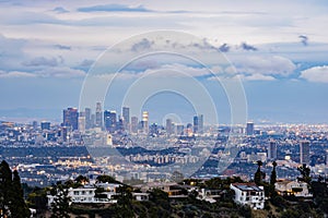 Twilight view of Los Angeles downtown skyline from Getty View Park