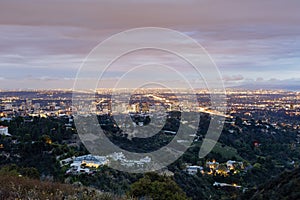 Twilight view of Los Angeles downtown skyline from Getty View Park