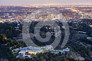 Twilight view of Los Angeles downtown skyline from Getty View Park