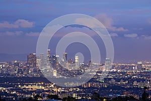 Twilight view of Los Angeles downtown skyline from Getty View Park