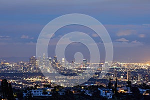 Twilight view of Los Angeles downtown skyline from Getty View Park