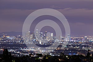 Twilight view of Los Angeles downtown skyline from Getty View Park