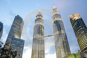 Twilight view of the Petronas Twin Towers and Suria mall in the Malaysian capital, Kuala Lumpur