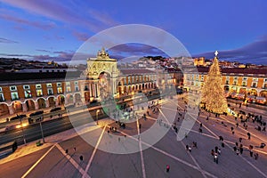 Twilight view of Praca do Comercio with Christmas tree in Lisbon