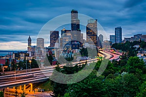 Twilight view of the Seattle skyline from the Jose Rizal Bridge, in Seattle, Washington.