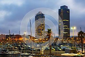 Twilight view of skyscrapers from port. Barcelona