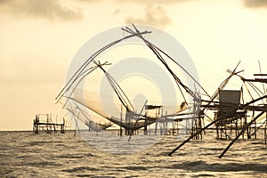 Twilight view of square dip net or Yo made of bamboo.