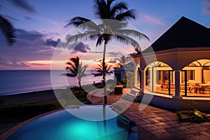 twilight view of a vacation villa overlooking the ocean