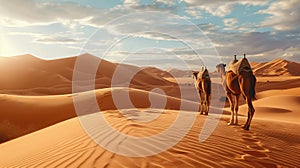 Twilight Walk of Two Camels in Sandy Desert Dunes