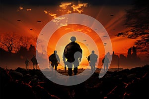 In Twilight Warriors, soldiers silhouettes resonate strength under the sunset