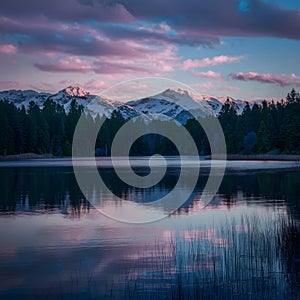 Twilights beauty captured in serene sky lake juxtaposition